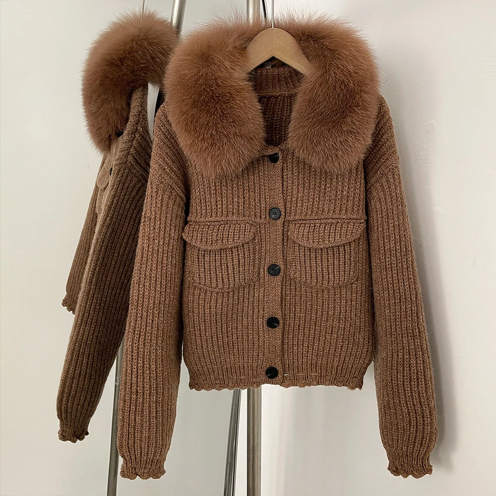 OFTBUY 2025 New Autumn Winter Women Real Fox Fur Caedigan Natural Fox Fur Hooded Jacket Decoration Lady's Sweater Coat
