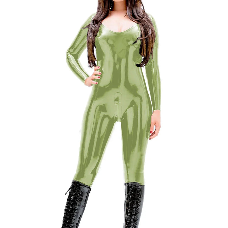 Women Sexy V Neck Jumpsuits Vinyl PVC Leather Long Sleeve Jumpsuit Ladies Party Zipper Open Crotch Bodysuit Faux Latex Rompers