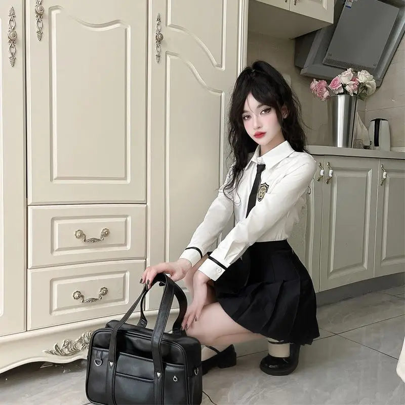 2025 improved daily jk uniform summer new white short/long sleeve shirt + pleated skirt jk uniform two-piece set for women w237