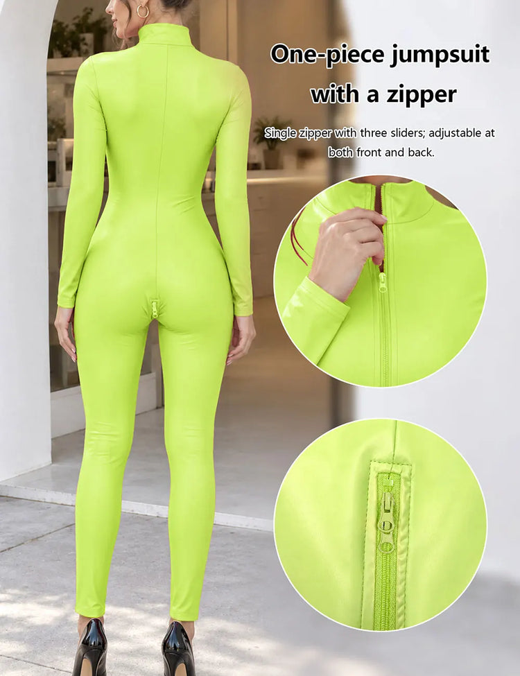 Sexy Neon Green Jumpsuit Long Sleeve High Neck Zip Front Bodycon Romper Rave Outfit Music Festival Clubwear Playsuit Women Trend