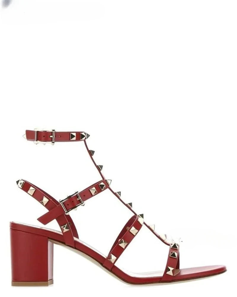 Rockstud Open Toe Block Heel Sandals Luxury Designer Ankle Straps Chunky Heels Women Summer Colorful Leather Pumps Dress Shoes
