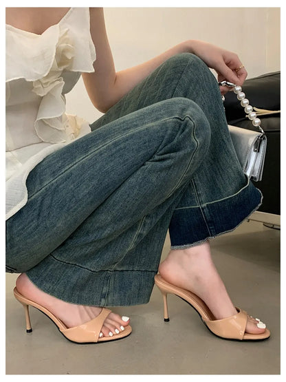 Women Slippers Sandals Fashion Round Open Toe Thin High Heels Mule Slides Summer Party Dress Pumps Shoe Comfortable Sandal Mujer