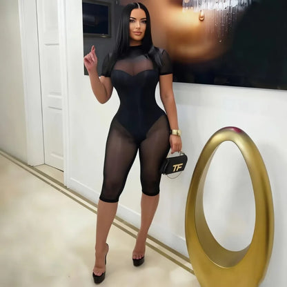 FLARORA Sexy Mesh See Through Rompers Woman Trend O Neck Short Sleeve Skinny Peach Hip Playsuits Stretch Midnight Party Clubwear
