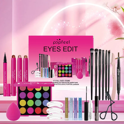 POPFEEL 22-Piece Eye Makeup Set: Includes 16-Color Eyeshadow Palette, Pearl Shimmer, Eyeshadow, Brow Tint, Black Eyeliner