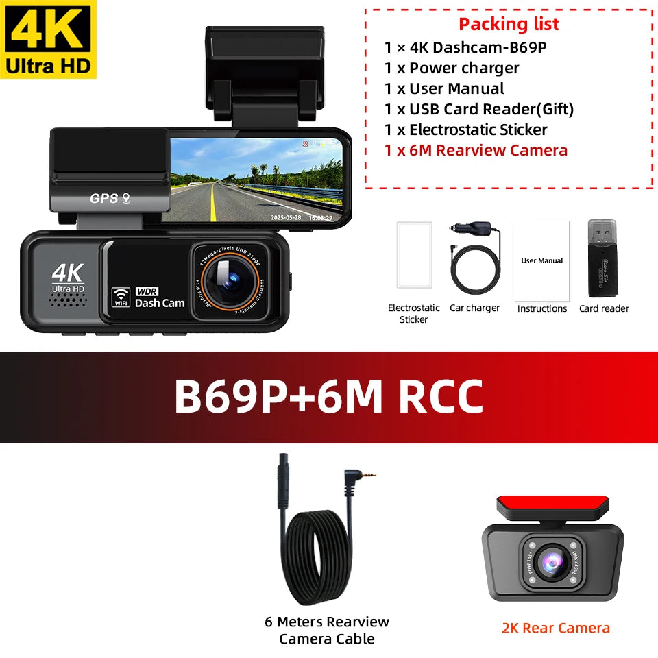 Acceo 4K Dashcam WIFI GPS CAR Video Recorder Dual Lens Support 2.5K Rear Camera Night Vision 24H Parking Monitoring Black Box
