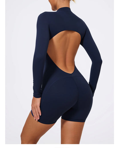 Summer V Back Scrunch One-Piece Suit Push Up Sports Jumpsuit Woman Fitness Zipper Overalls Workout Rompers Women Gym Bodysuits