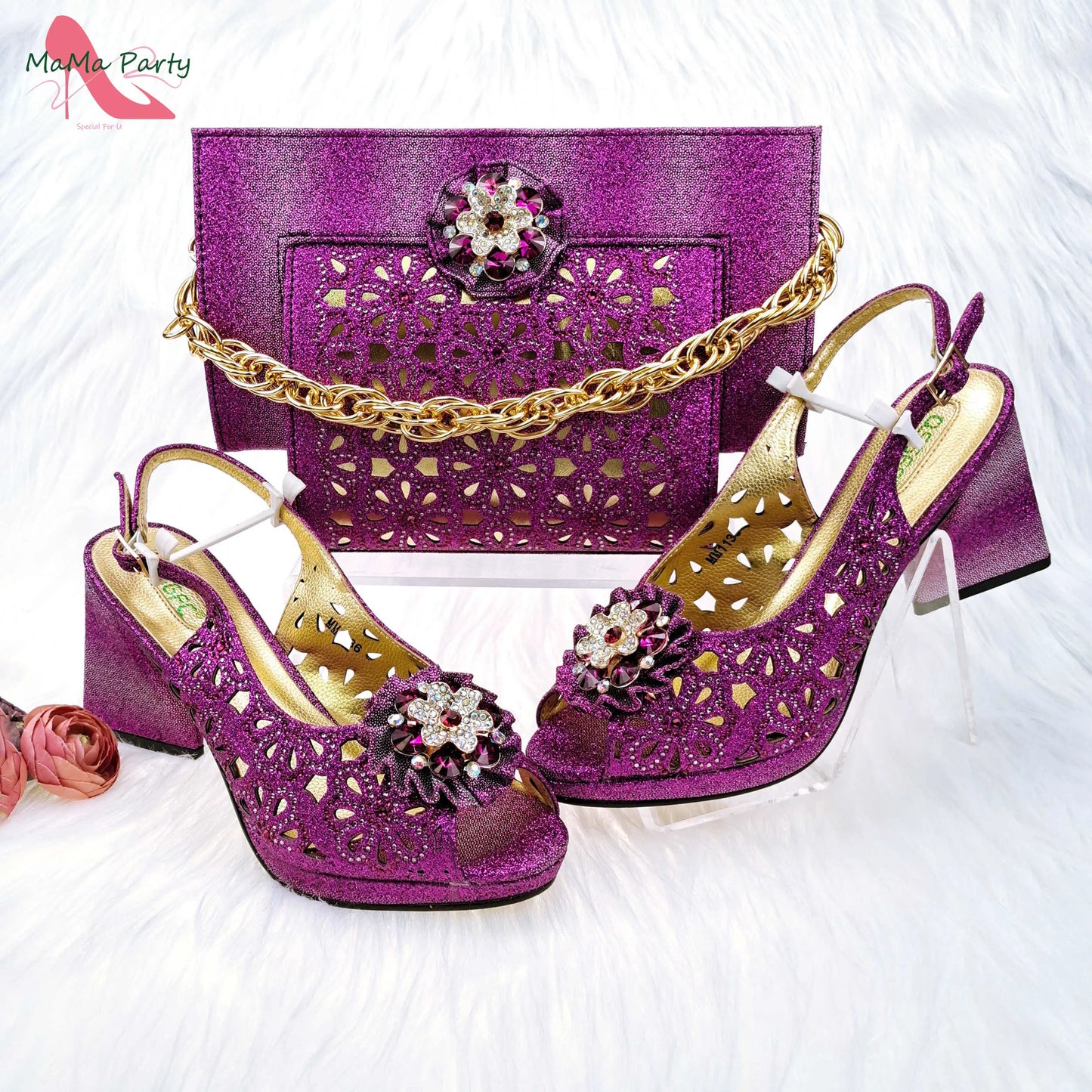 Mature Style Women Shoes and Bags Set 2023 Spring New Design Rose Gold Color Italian Sandals with Shinning Crystal for Party