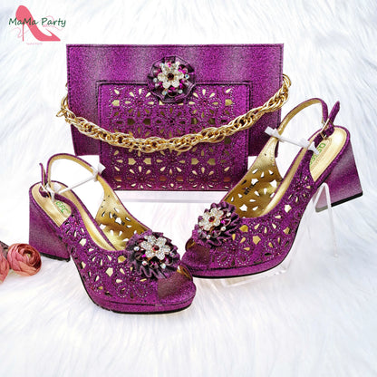 Mature Style Women Shoes and Bags Set 2023 Spring New Design Rose Gold Color Italian Sandals with Shinning Crystal for Party
