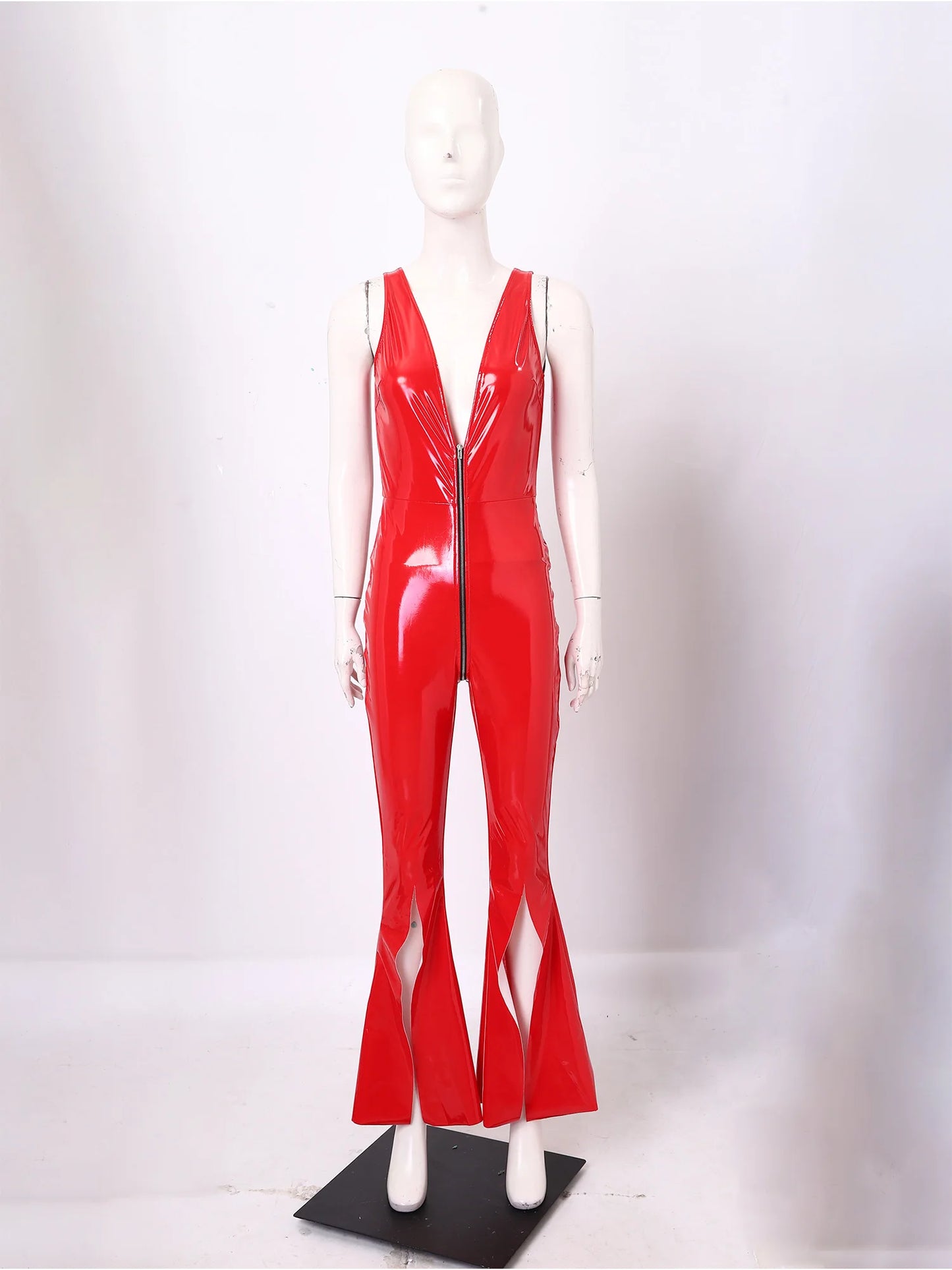 Women Glossy PU Flared Jumpsuit Deep V Neck Double-ended Zipper Split Bell Bottom Sleeveless Unitard Rompers Rave Party Clubwear