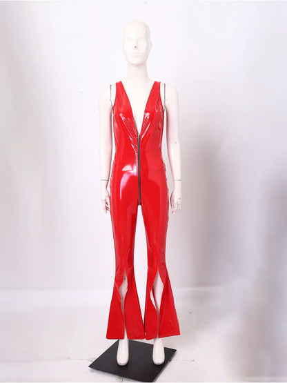 Women Glossy PU Flared Jumpsuit Deep V Neck Double-ended Zipper Split Bell Bottom Sleeveless Unitard Rompers Rave Party Clubwear