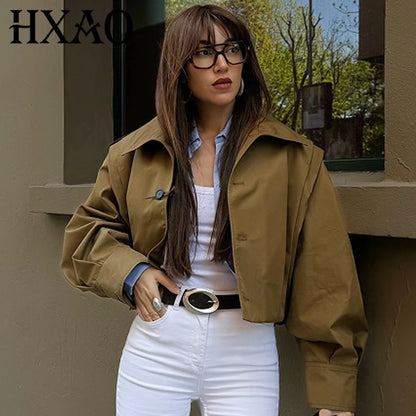 HXAO Women's Jackets Brown Pleated Jacket Spring Summer 2025 Cropped Bomber Button Long Sleeve Coats Outerwears Aviator Jackets