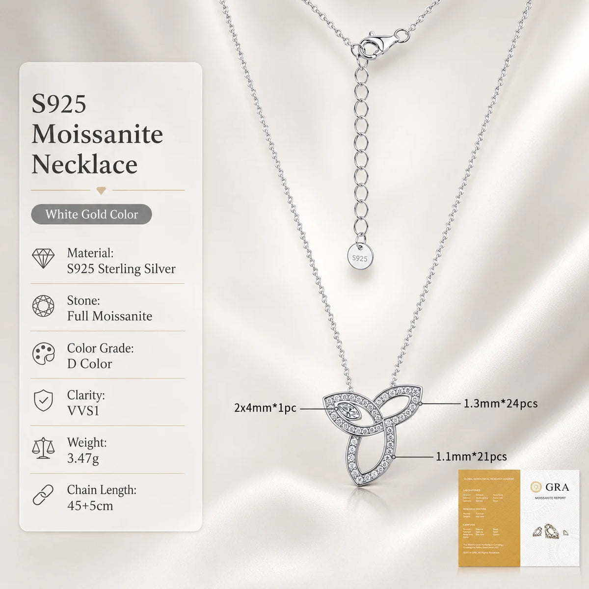 Moissanite Trefoil Knot Pendant Necklace S925 Sterling Silver Sparkling Collarbone Chain Gift GRA Certified
