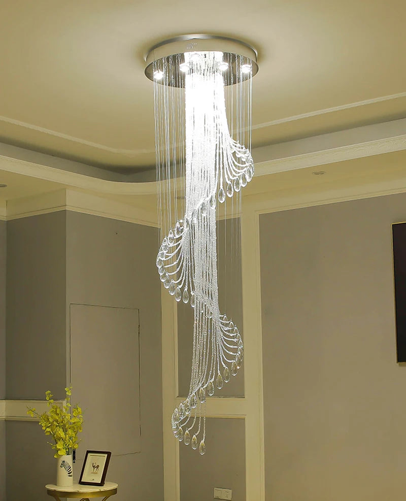 Modern Room Lights Spiral K9 Crystal Chandelier Staircase Creative LED Hanging Lamp Hotel Villa Decoraction Large Pendant Light
