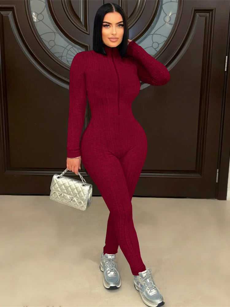 Nibber Activity Jumpsuits Women Turtleneck Zip Long Sleeve Stretch Skinny Streetwear Classic Fitness Workout Sporty Overalls