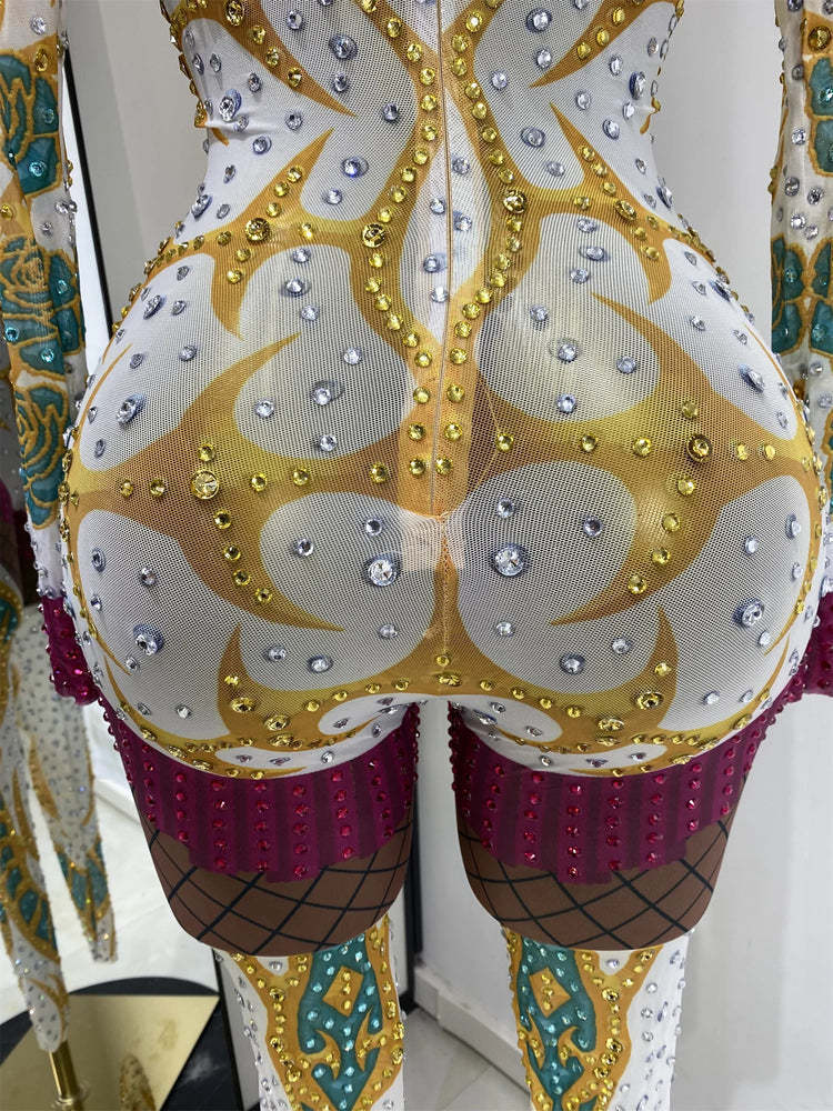 Performance Costumes Kpop Outfits Shiny Rhinestones Printed Bodycon Jumpsuits Woman Evening Club Party See Through Dress Outfits