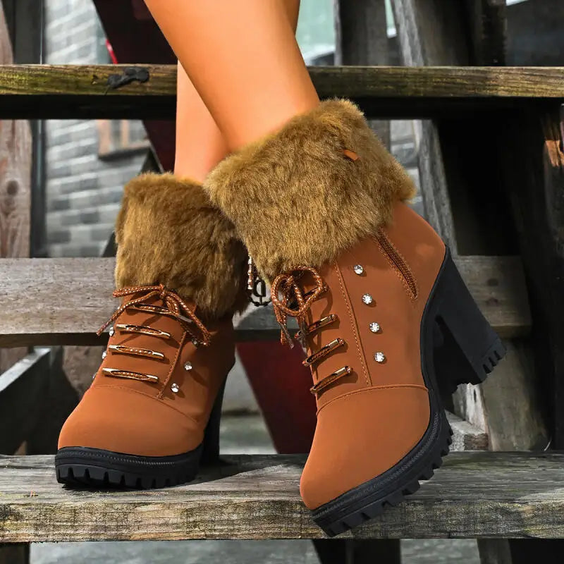 Elegant Fluffy Fur Thick High Heel Suede Ankle Boots Women Winter 2026 Designer Warm Plush Black Short Boots Woman Furry Booties