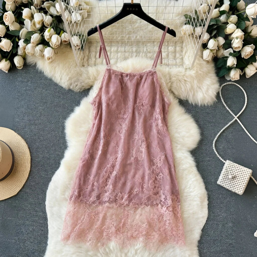Ladies Summer One Piece Slip Dress With Bow Lace Suspenders Sexy Solid Mini Dress Loose Slash Neck Girls Hotsweet Thin Soft New