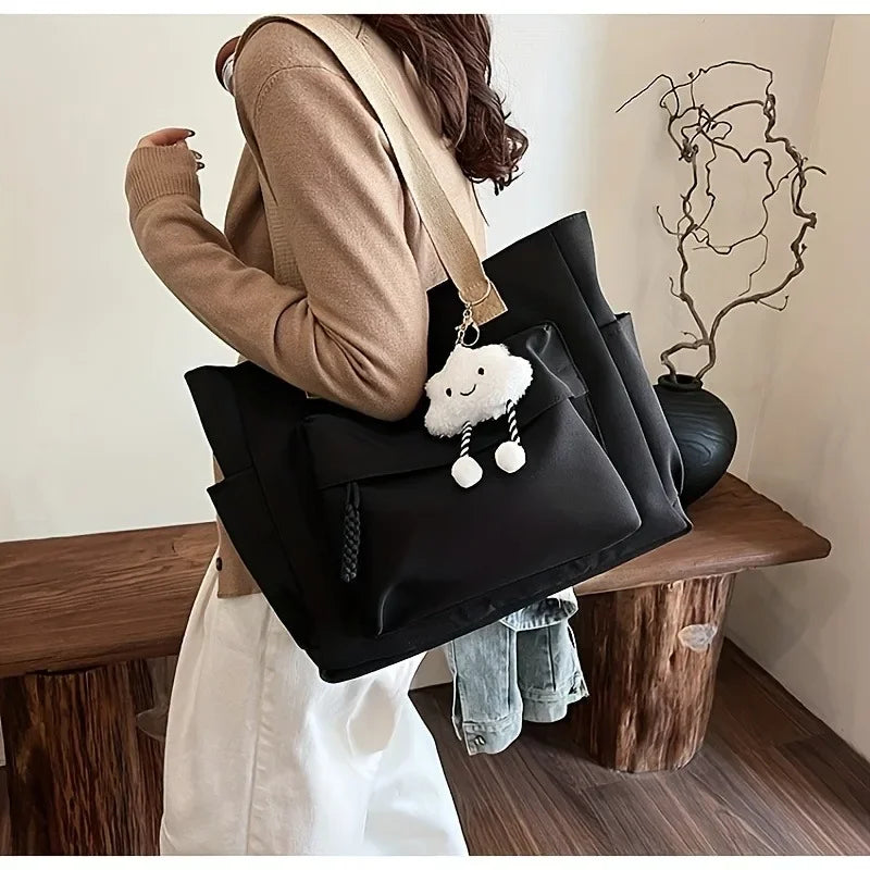 Multi Compartment, Zipper Closure, Women's Bags Large Capacity Japanese Style Tote Bag, Cute Plush Fixed Strap, Casual Elegance