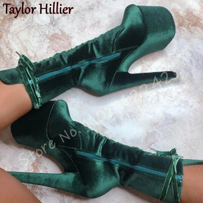Velvet Super High Heel Ankle Boots Sexy Side Zipper Lace-Up Nightclub Thick-Soled Ankle Boots Elegant Catwalk Pole Dance Boots