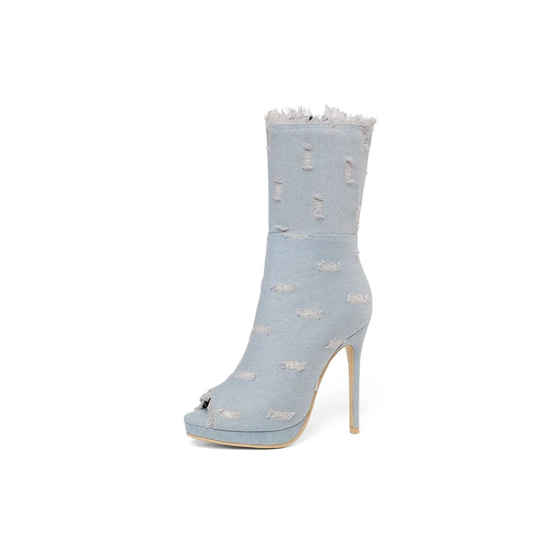 QPLYXCO Ankle Boots Women High Heels11.5cm Super Plus Size 50 51 52 Sexy Fashion Open Toe Party Spring Summer Short Boots 19-18