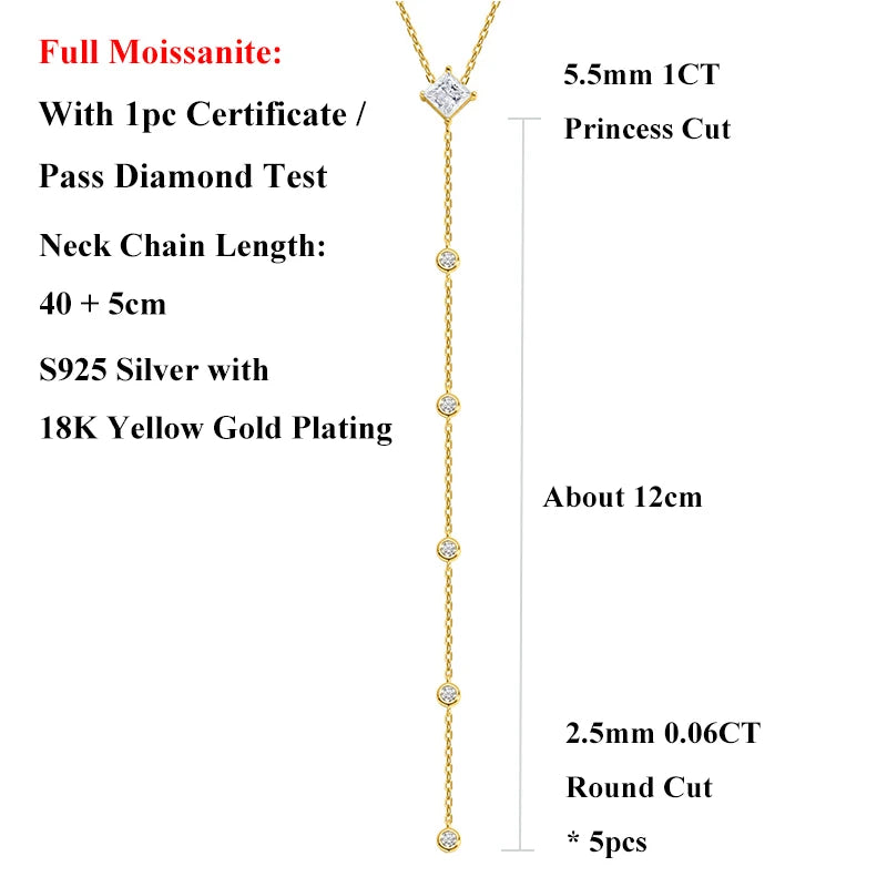 EWYA Y-Style 1CT Princess Cut Certified Moissanite Pendant Necklace Women S925 Silver All Diamond Dainty Tassel Neck Chain Gift