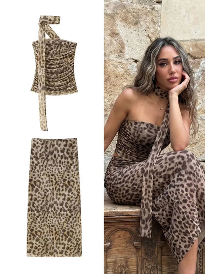 HH Women Leopard Print 2 Piece Outfit Midi Skirt Suit Sexy Summer Backless Strapless Crop Top Fashion Elegant Beach Party Sets
