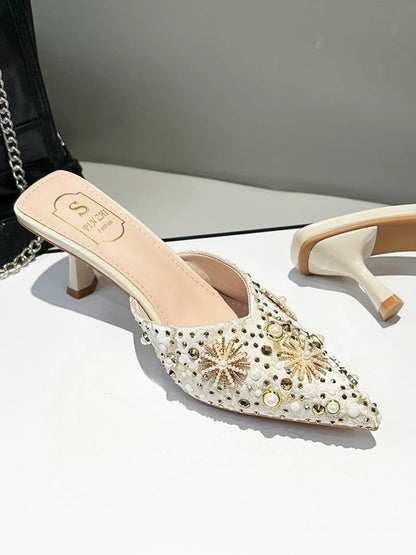 Luxury String Bead Decoration Design Brand High Heel Slippers Women Shiny Rhinestone Slide Sandals Elegant Wedding Bridal Shoes