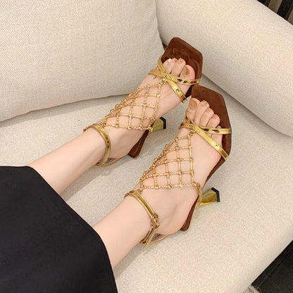 Luxury Gold Bling Rhinestone High Heeled Sandals Women Fashion Square Toe Cross Tied Designer Shoes Elegant Banquet Dress Shoes