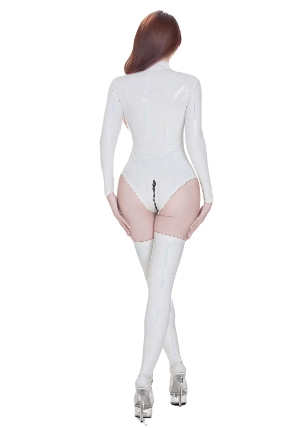 Sexy Women PVC Glossy Shiny High Cut Bodysuit Bandage Leotard Dance Wear Long Sleeve PU Latex Cosplay Maid Tight Catsuit