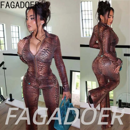 FAGADOER Y2K Fashion Tiger Striped Print Pants 2 Piece Sets Cool Girl Street Zipper Lapel Long Sleeves Top + Flare Pants Outfits
