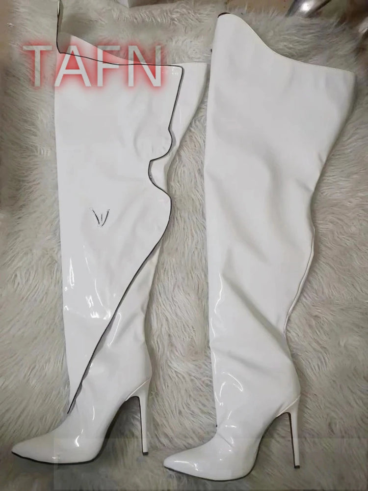 Women Patent Leather Crotch Boots Sexy Body Shape High Heels Over Knee Boots Ladies Back Zip Party Dress Shoes Botas De Mujer