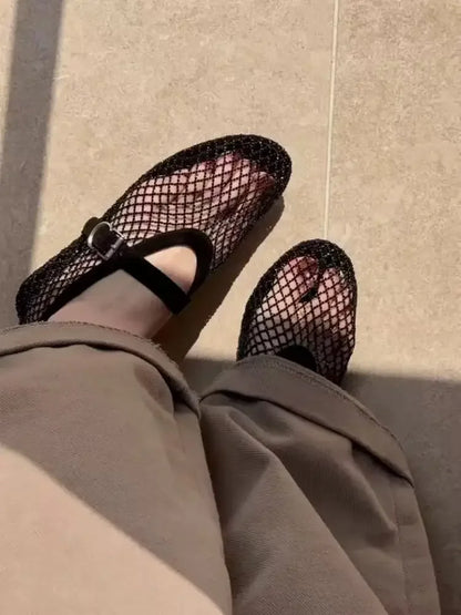 2026 New Model~ Fishnet Rhinestone Ballet Flat Mary Jane Women's Shoes with Hollowed-Out Strap