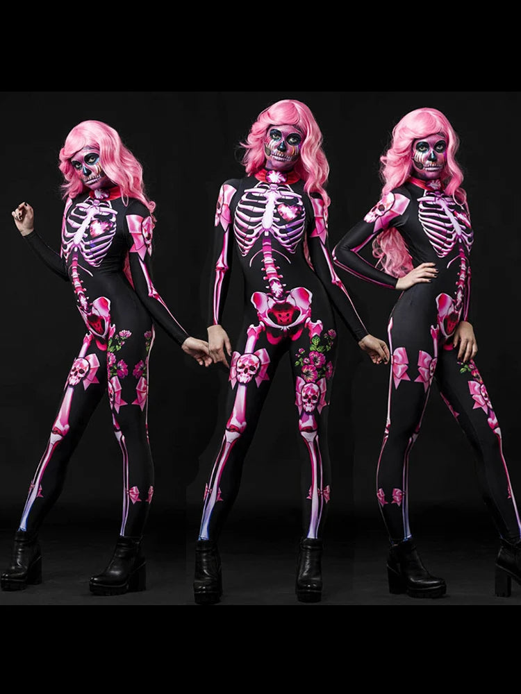 Halloween Scary Cosplay Skeleton Rose Sexy Women Devil Vampire Jumpsuit Party Carnival Scary Costume Baby Girl Day of The Dead