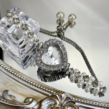 Elegant Heart-Shaped Watch with Double-Row Diamond Pearl Bracelet & Drawstring Closure