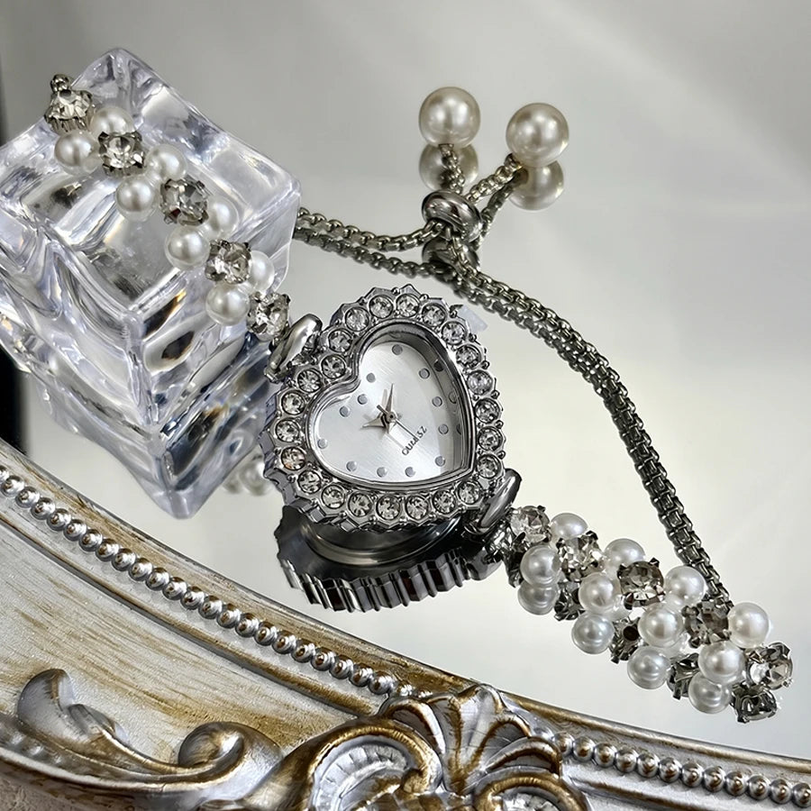 Elegant Heart-Shaped Watch with Double-Row Diamond Pearl Bracelet & Drawstring Closure