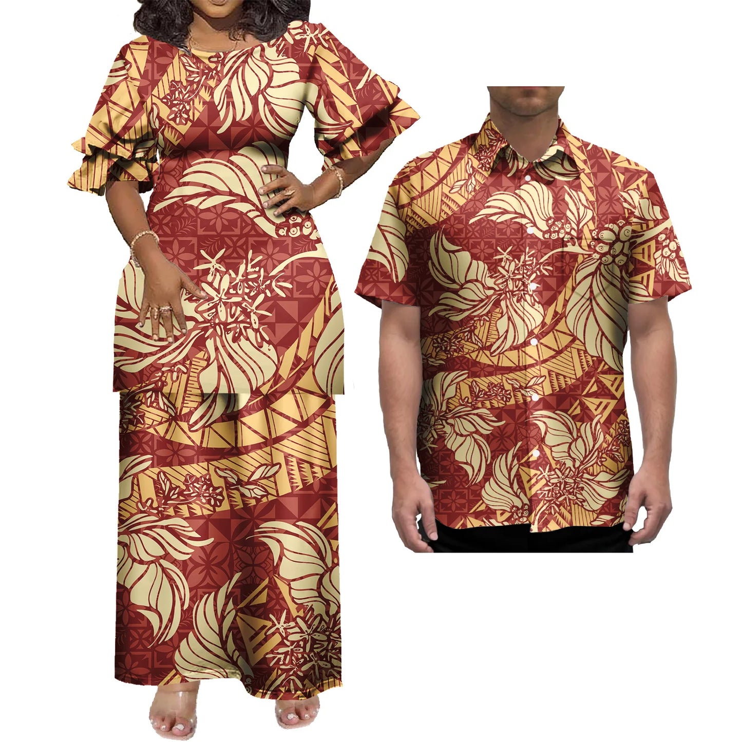 New Wholesale Custom Polynesian Tribal Design Petal Sleeve Samoan Puletasi Set Ptaha Plus Size Women 2 Piece Outfits Sets Dress