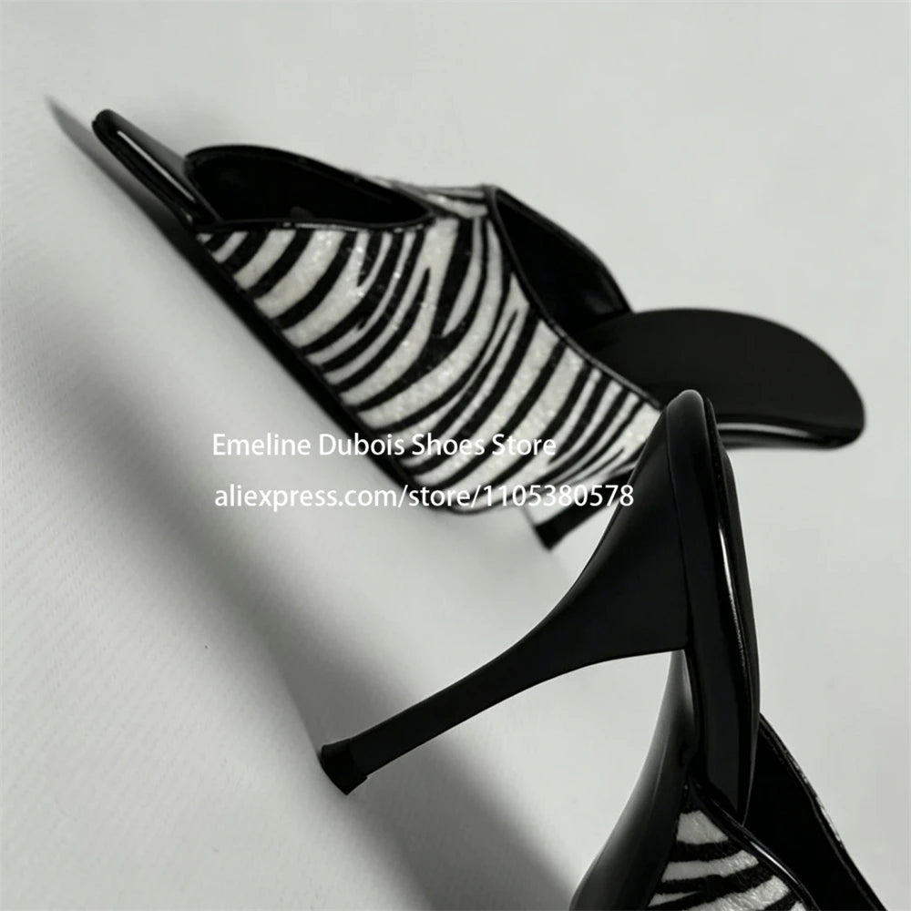 Zebra Print Faux Pony Hair Cutout High Heel Sandals Women Pointed Toe Slip on Stilettos Mules Sexy Party Ladies Dress Sandals