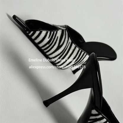 Zebra Print Faux Pony Hair Cutout High Heel Sandals Women Pointed Toe Slip on Stilettos Mules Sexy Party Ladies Dress Sandals
