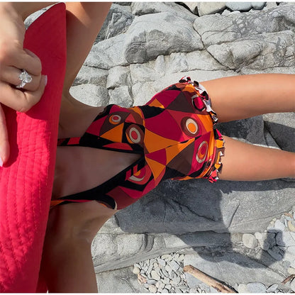 Abstract Print Halter Neck Deep V Sleeveless Short Jumpsuit Self Tie Back 2026 Spring Summer Beach Party Lady Women Outfit