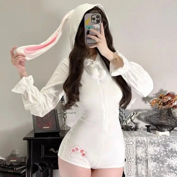 Cute Fluffy Bunny Onesie Women Sweet Plush Loungewear Pajamas Kawaii Hooded Jumpsuit Soft Cozy Homewear Ins Trend Japanese Style