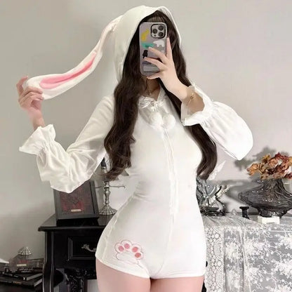 Cute Fluffy Bunny Onesie Women Sweet Plush Loungewear Pajamas Kawaii Hooded Jumpsuit Soft Cozy Homewear Ins Trend Japanese Style