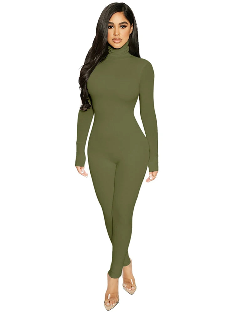 Hugcitar Fall Long Sleeve Solid Turtleneck Sexy Skinny Bodycon Jumpsuit Women Fashion Streetwear Sport Casual Romper Overalls
