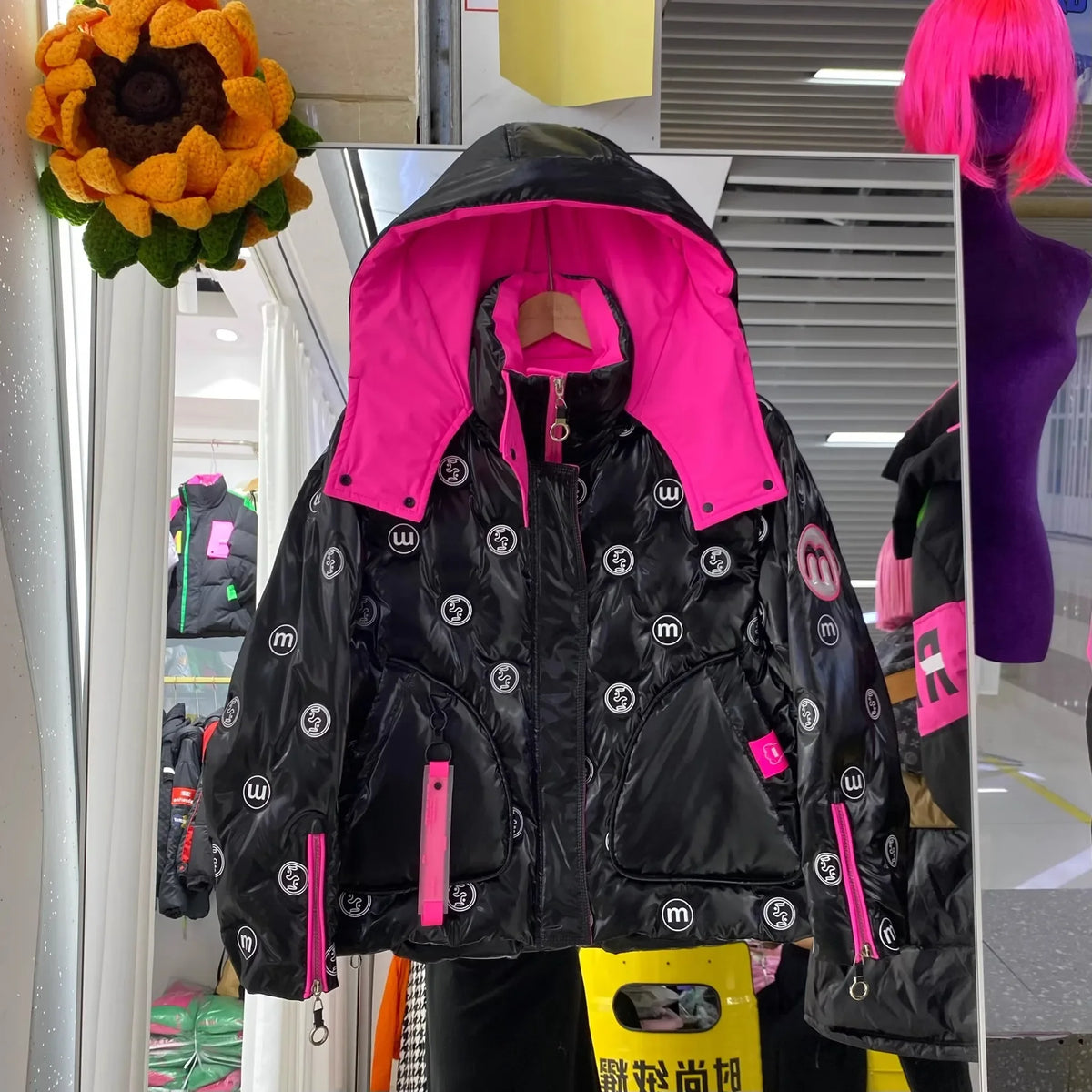 Bright Printed Down Jacket Fashion Hooded Color Block Short Jackets Winter Wash Free Loose Thick 90 White Duck Puffer Coat Women
