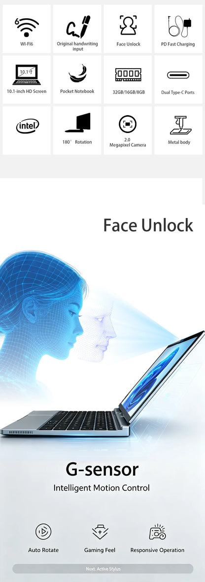 10'' 2 in 1 Tablet Laptop Intel N150 Win11 Touch Screen FHD IPS 32GB DDR4 M.2 SATA NVMe SSD Support Stylus Pen Face Recognition