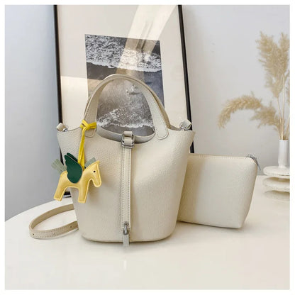 Fashion Vegetable Basket Bucket Bag Women's Autumn New Lychee Pattern Shoulder Bag Simple Solid Color Niche Messenger Bag