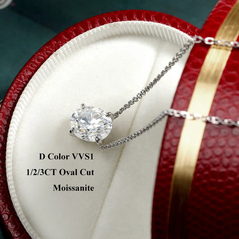 EWYA Solitaire Oval Cut 1-3CT Moissanite Pendant Necklace for Women Real 925 Silver GRA Certified Lab Diamond Neck Chain Gift