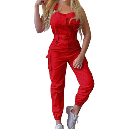 Women'S Large Size Cargo Romper Fashion Trend High Waist Clasp Pocket Jumpsuits Simple Solid Comfy Fitting Strap Jumpsuit 5xl