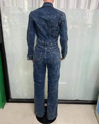 Jumpsuit Women 2026 New Spring Autumn Turn-Down Collar Long Sleeved Pocket Design High Waist Streetwear Casual Denim Jumpsuit