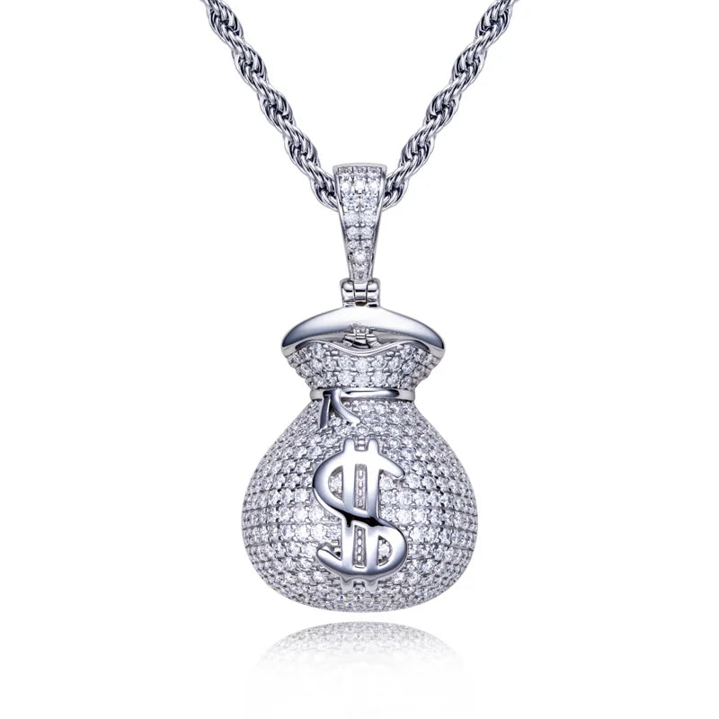 MossanRappr 2.8cttw Moissanite Bling Dollar Money Bag Pendant Hip Hop  Necklace 925 Sterling Silver Heavy Metal Jewelry for Men