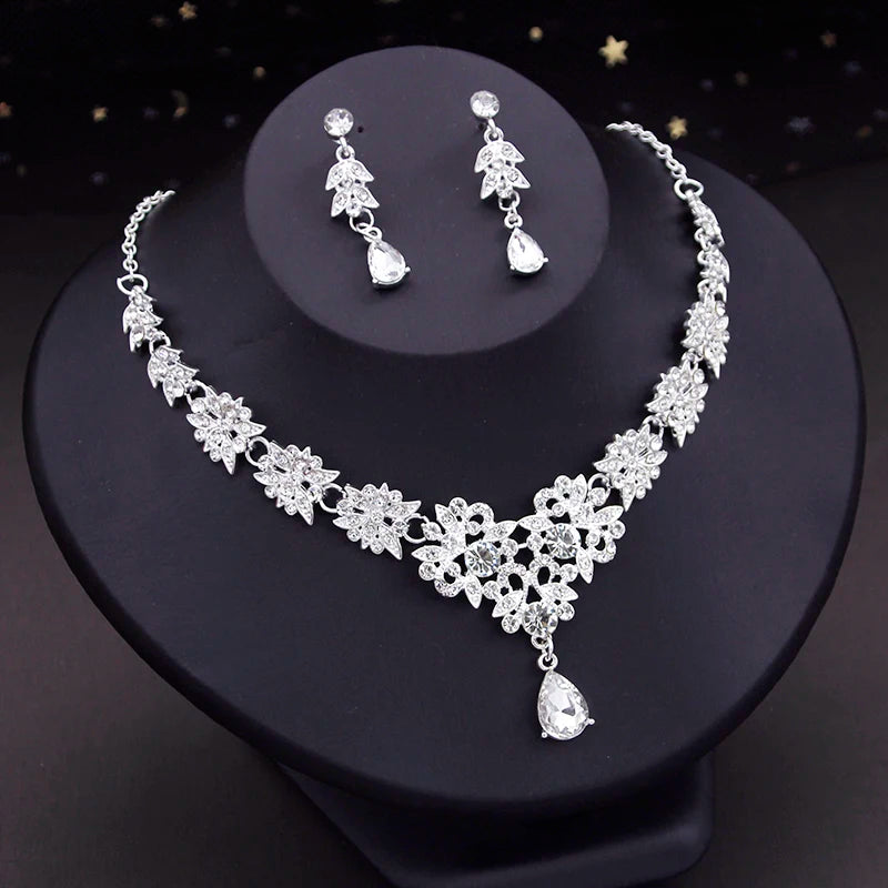 Elegant Silver Color Crystal Bridal Jewelry Sets Princess Tiara Crown and Necklace Earrings Sets for Bridal Wedding Prom Gifts